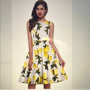 FROCK IT White and Yellow Lemon Print Fitted and Flattering Dress Sz L